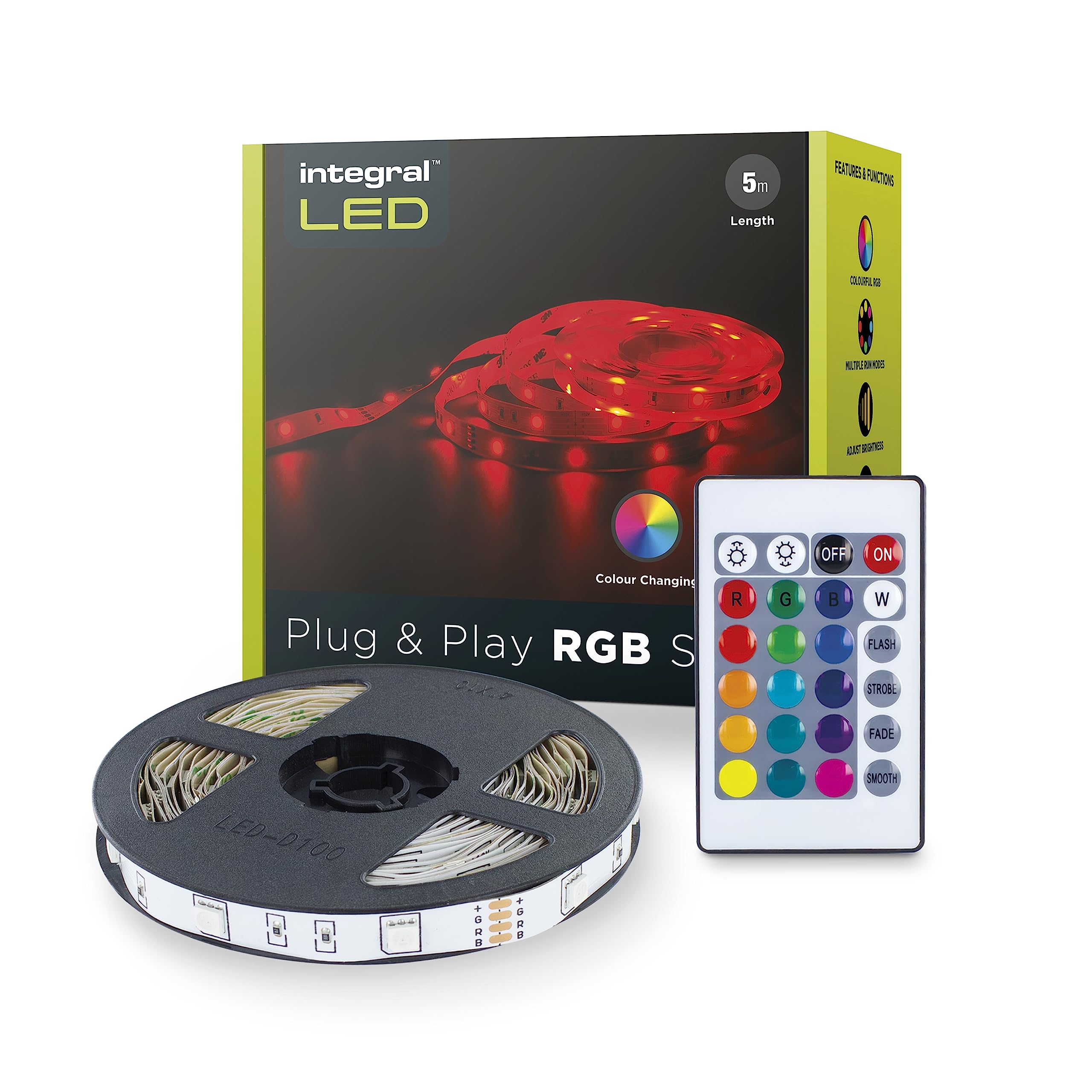 Integral LED 5m RGB Strip Light with UK Plug Adapter & IR Controller, Plug & Play, Colour Changing, Dimmable – Adjustable Colour & Brightness — image 1
