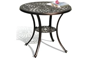 DWVO 30 Inches Round Patio Dining Table with Umbrella Hole, Antique Cast Aluminum Outdoor Bistro Table Outdoor Side Table for Backyard, Garden, Patio, Porch, Hammered Bronze