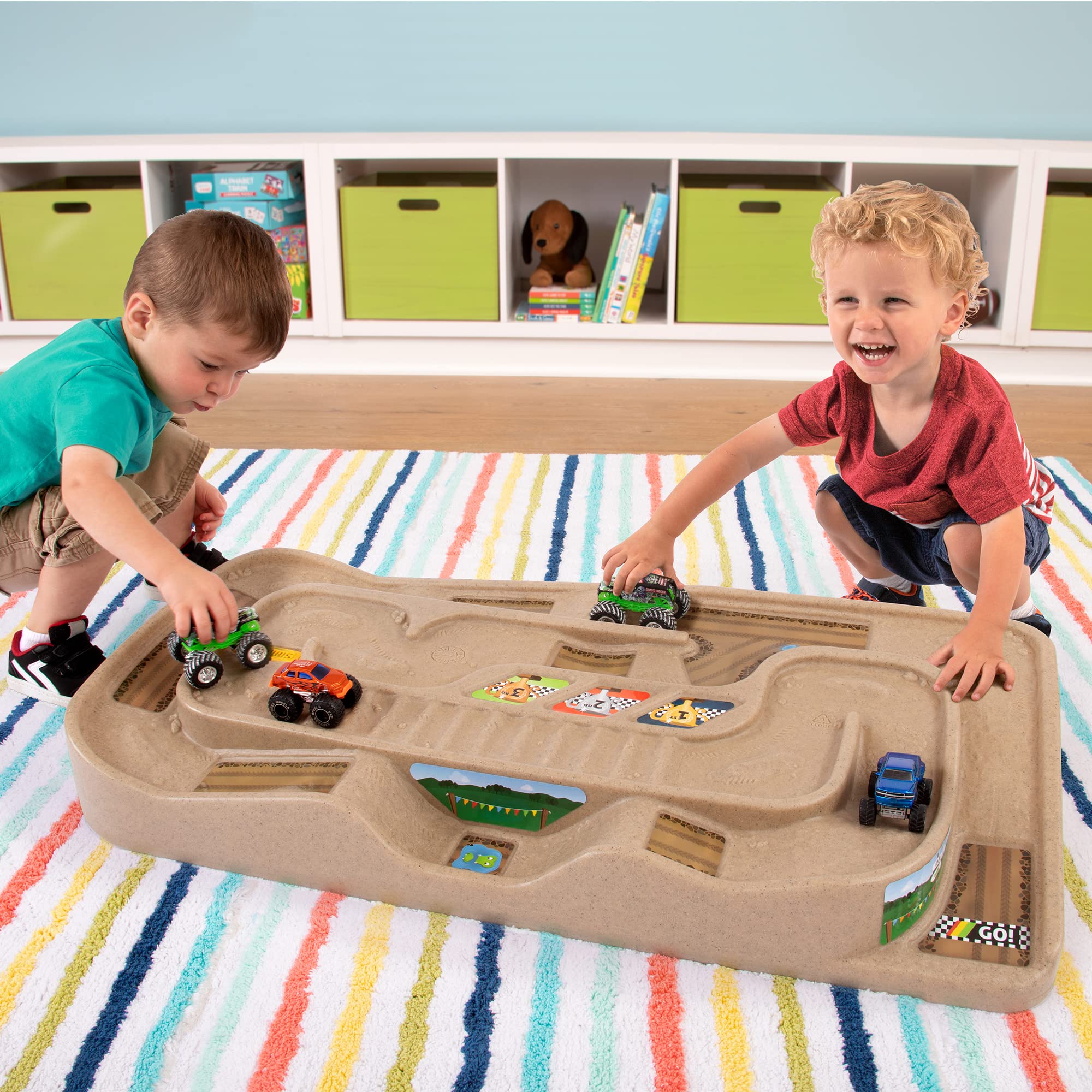 Simplay3 Portable Carry and Go Kids Race Track Toy Car Train Table, 2-Sided No Assembly for Children 3 4 5 6 7 Years Old Boys Girls, Made in USA