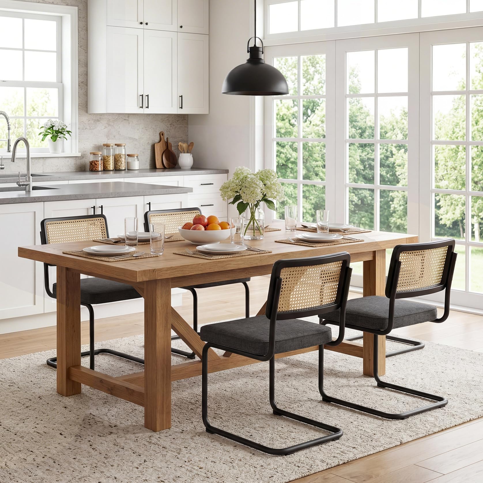 Zesthouse Natural Rattan Dining Chairs Set of 4, Mid Century Modern Dining Chairs with Solid Wood Back & Black Matte Base for Kitchen, Breuer Design Inspired, Upholstered Linen Fabric, Dark Grey Image