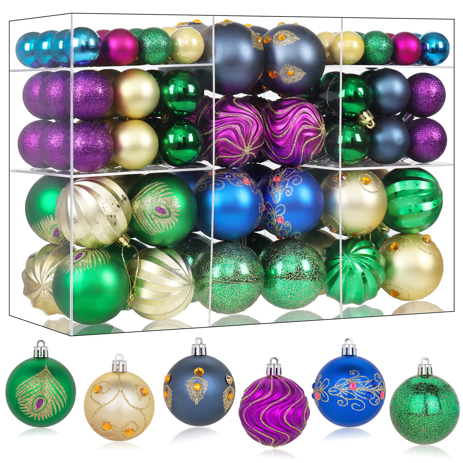 Photo 1 of 100pcs Peacock Christmas Ornaments Set, Shatterproof Plastic Colorful Christmas Decorations for Tree Luxury Hand-Painted Xmas Ball Ornaments Indoor & Outdoor for Holiday (Peacock Colorful)