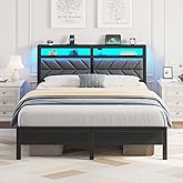 Seventable Bed Frame Queen Size with Charging Station, LED Bed with Upholstered Storage Headboard, Metal Platform Bed with Under Bed Storage, No Box Spring Needed, Noise Free, Easy Assembly, Grey