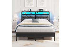 Seventable Bed Frame Full Size with Charging Station, LED Bed with Upholstered Storage Headboard, Metal Platform Bed with Under Bed Storage, No Box Spring Needed, Noise Free, Easy Assembly, Grey