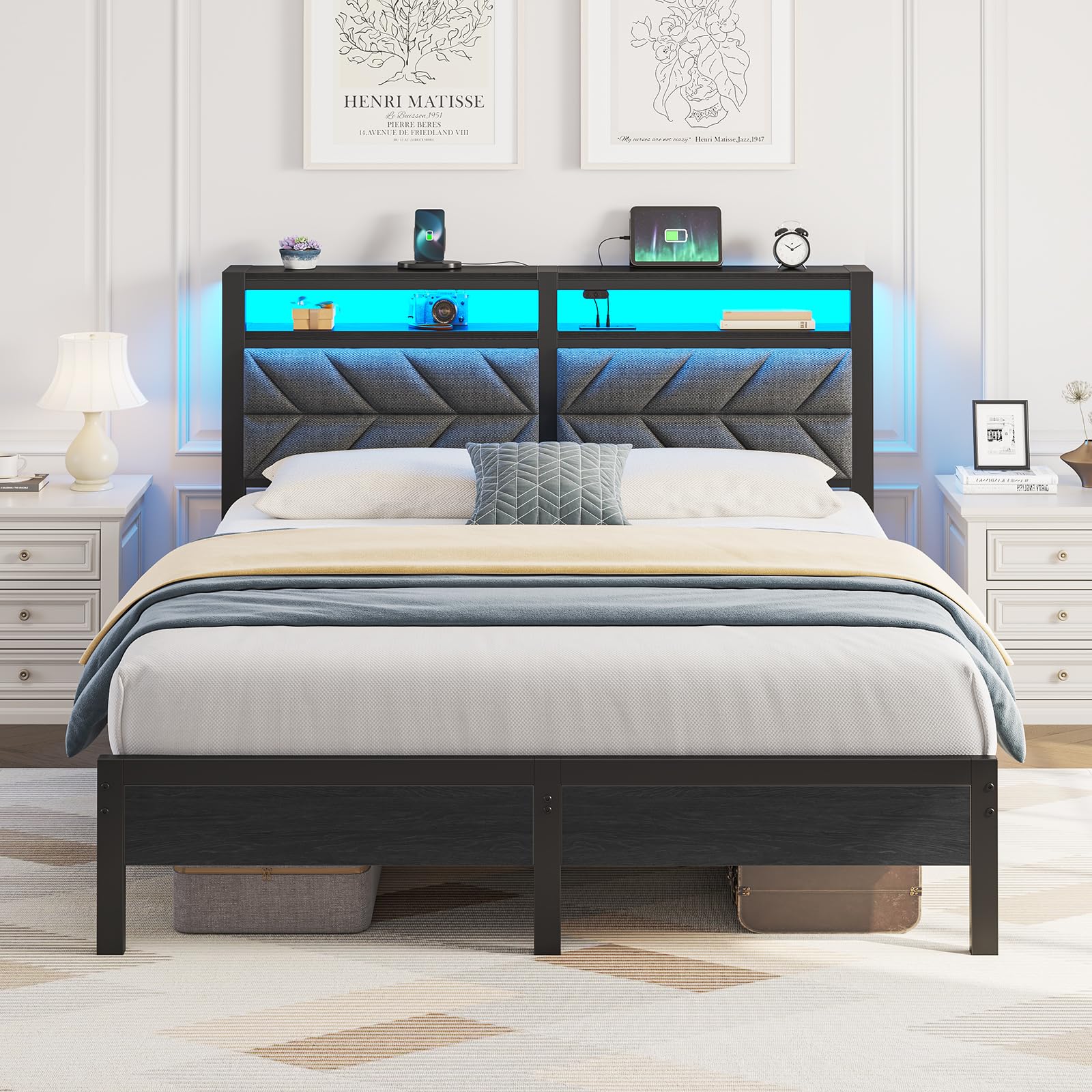 Seventable Bed Frame Full Size with Charging Station, LED Bed with Upholstered Storage Headboard, Metal Platform Bed with Under Bed Storage, No Box Spring Needed, Noise Free, Easy Assembly, Grey Image Seventable Bed Frame Full Size with Charging Station, LED Bed with Upholstered Storage Headboard, Metal Platform Bed with Under Bed Storage, No Box Spring Needed, Noise Free, Easy Assembly, Grey Image