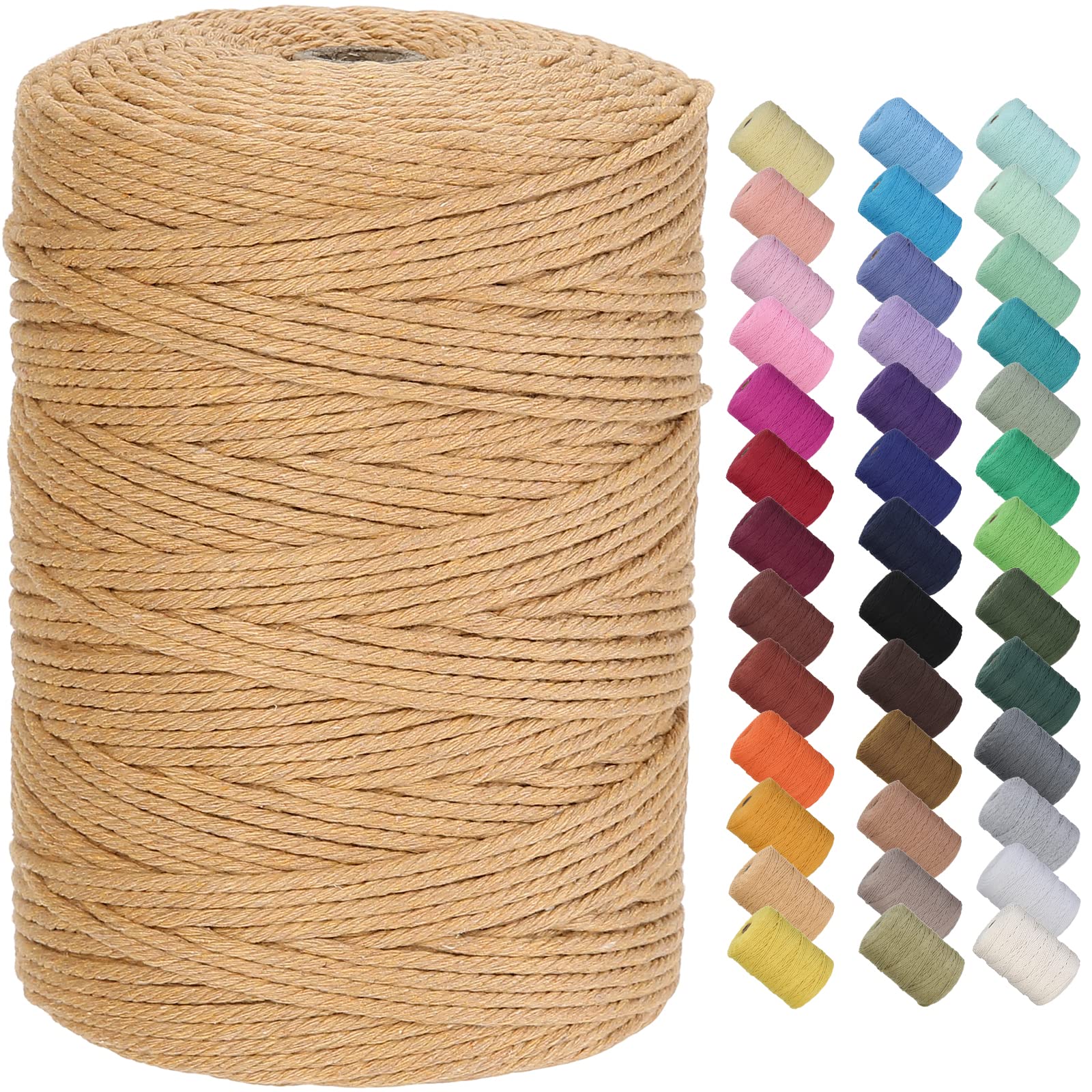 GOHOF Macrame Cord 3mm x 300m Premium Cotton Macrame Rope, 4 Strand Twisted Soft Cotton Cord, One of The Most Perfect Materials for Macrame Art, Cotton String Without Chemicals (latte)