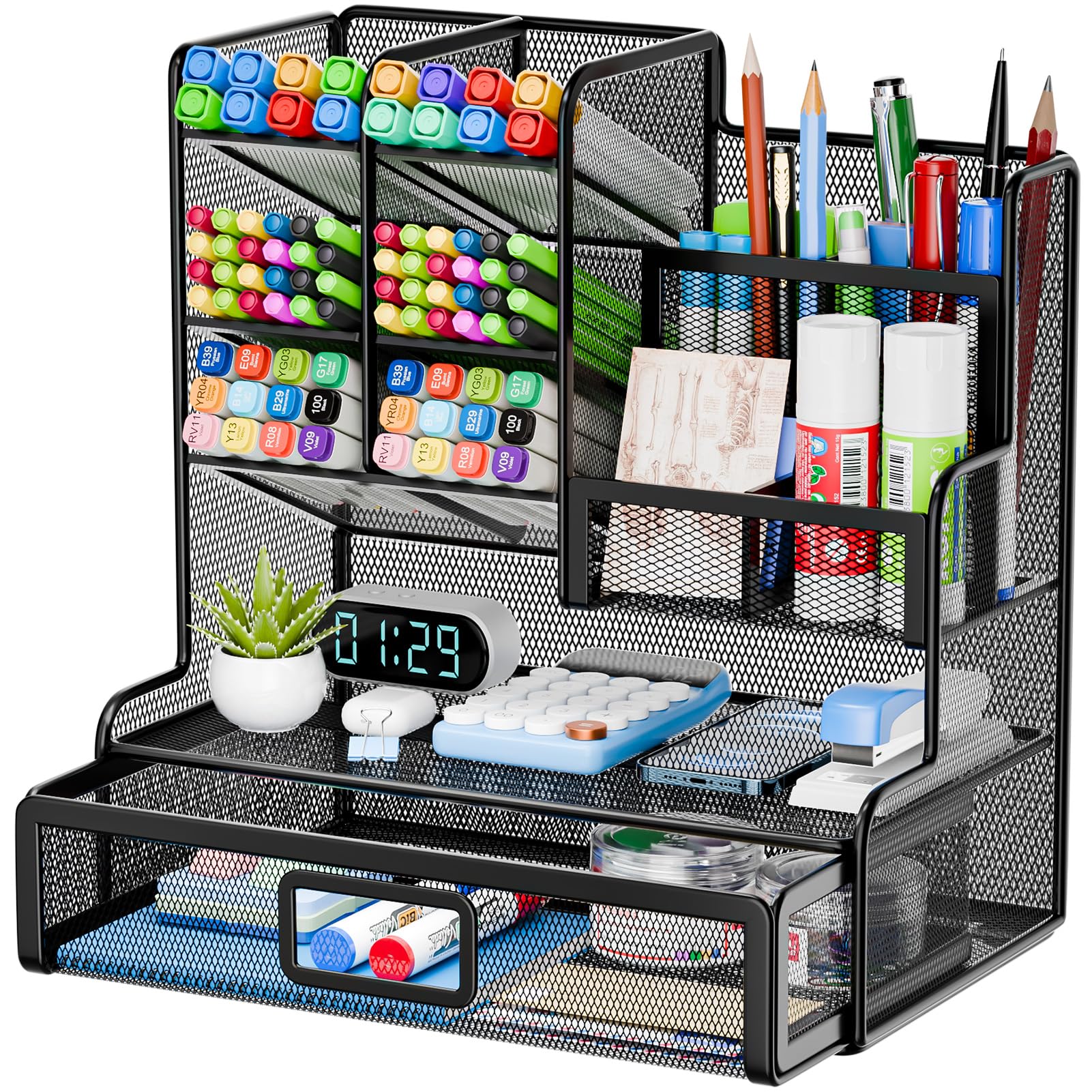 Restorgan Mesh Desk Organiser, Multi-Functional Pencil Holder, Metal Desk Supply Stationery Organiser with Drawer for School Home Office Art Supplies