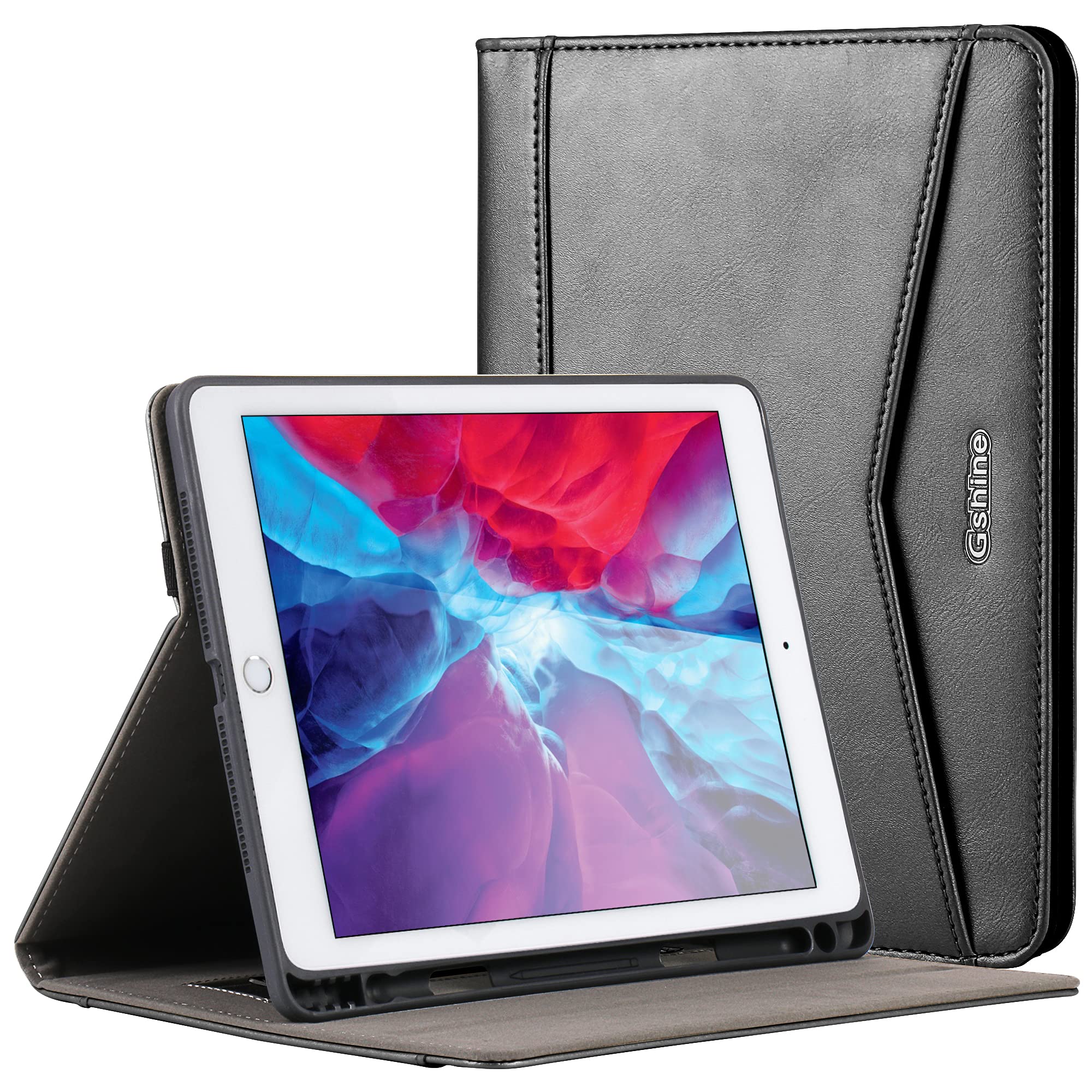 Gshine iPad 10.2 Case ,2020/2019 iPad 8/7th Generation Case Full-Body Leather Shockproof Case with Built-in Hand Strap Holder & Pencil Holder, Auto Sleep/Wake- Black