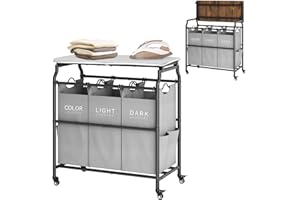 Hoctieon 3 Section Laundry Sorter Cart with Ironing Board, Laundry Hamper with Shelf and Rolling Wheels, Heavy Duty Laundry Basket Organizer, Large Clothes Separator Hamper with Removable Bags, Gray