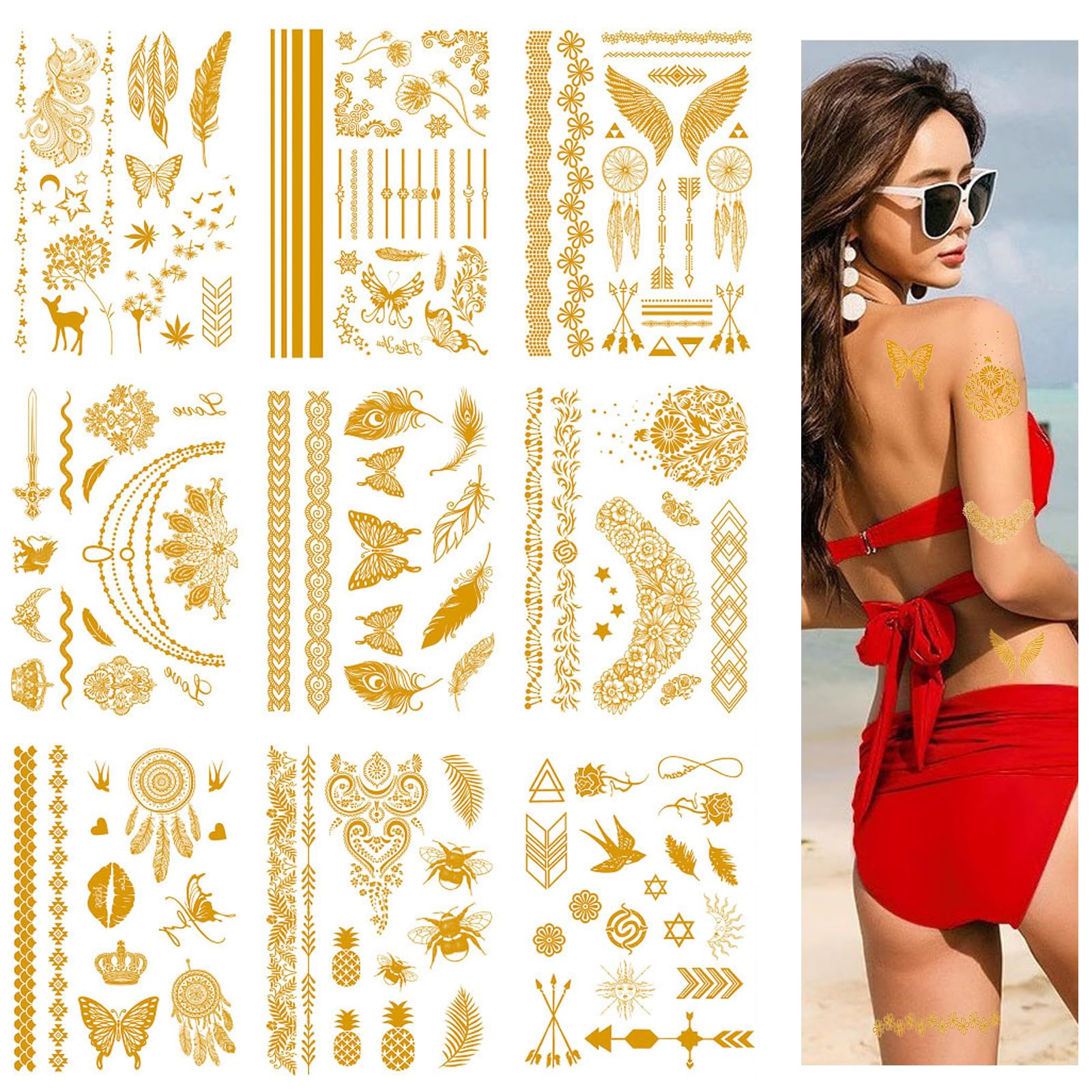 9 Sheets Metallic Temporary Tattoos, 110+ Designs Flash Gold Temporary Tattoos, Waterproof Removable Metallic Festival Tattoos for Women Girls Body Art Makeup