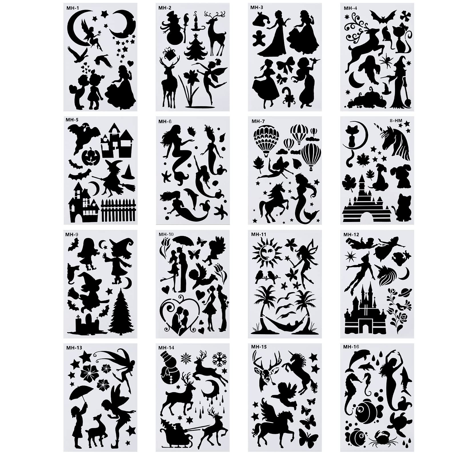 Create idea 16Pcs Silhouette Template Reusable Painting On Wood Template DIY Drawing Spraying Painting Stencils DIY Tools for Clothing Hand-Painted Patterns Greeting Cards