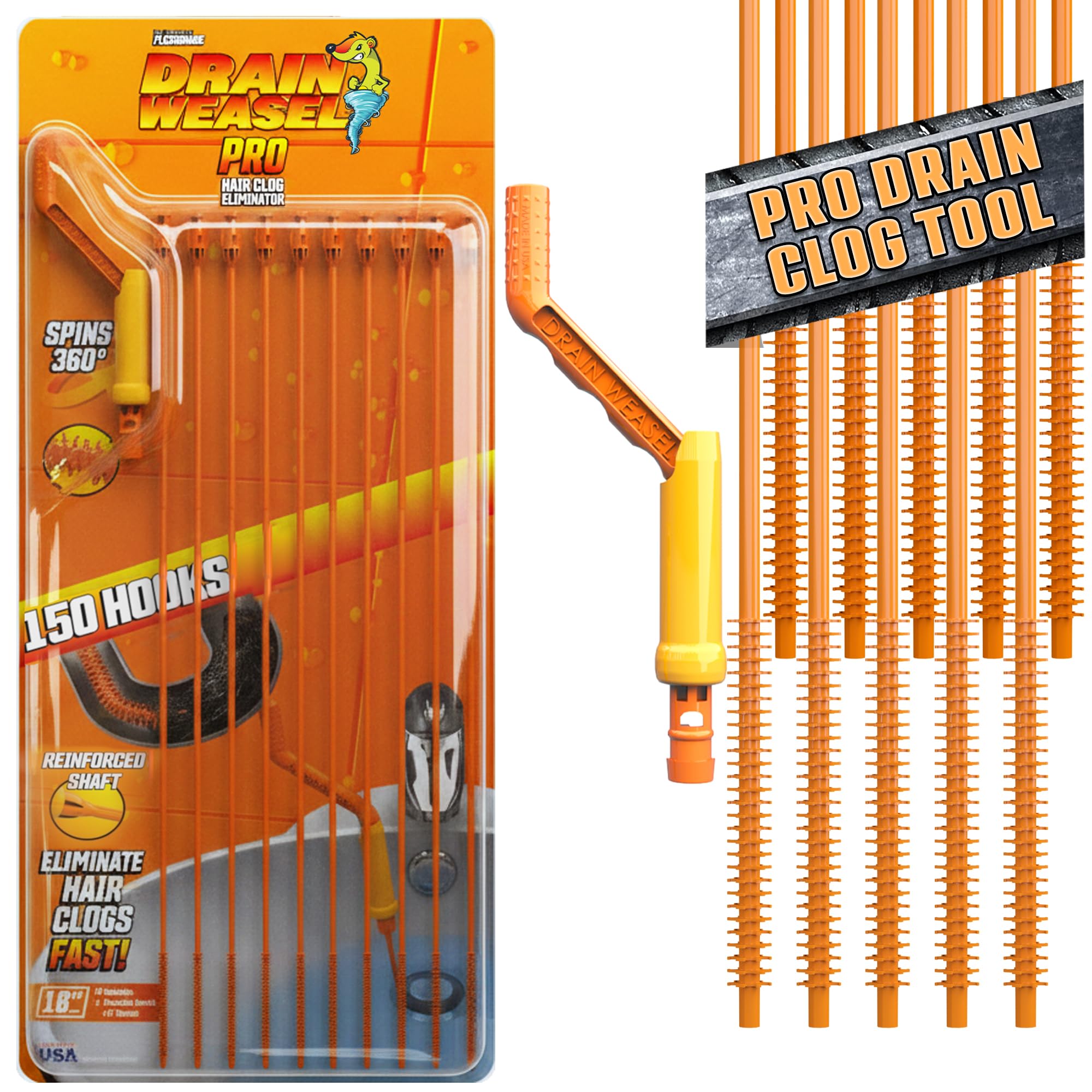 FlexiSnake Pro Drain Weasel Sink Snake Hair Clog Remover Tool, Sink, Pipe, Bathroom, Bathtub Drain Cleaner, 18-inch Long, Flexible, Made in The USA, 10 Pack Reusable Wands and Removable Handle Image