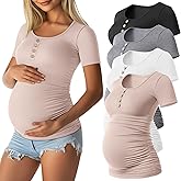Sweetyweee 4 Pack Womens Maternity Shirts Scoop Neck Cotton Short Sleeve Ribbed Pregnancy Top Henley Side Ruched Mama Clothes