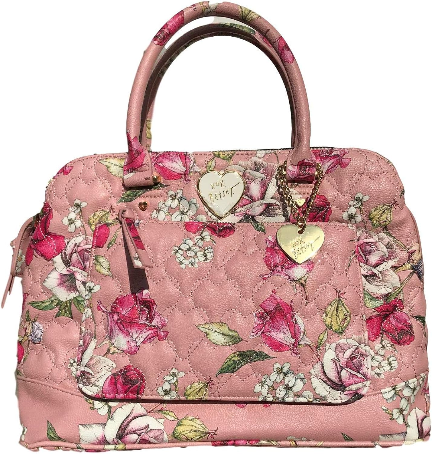 Betsey Johnson Blush Floral Print Faux Leather Triple Entry Zipper Heart Charm Detail Satchel Crossbody Handbag