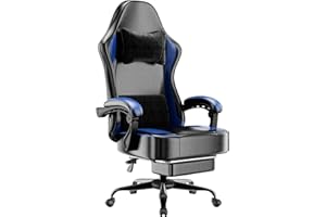 Gaming Chair with Pocket Spring Cushion, Ergonomic Computer Chair with Footrest, High Back Leather Game Chair for Adults (Blu