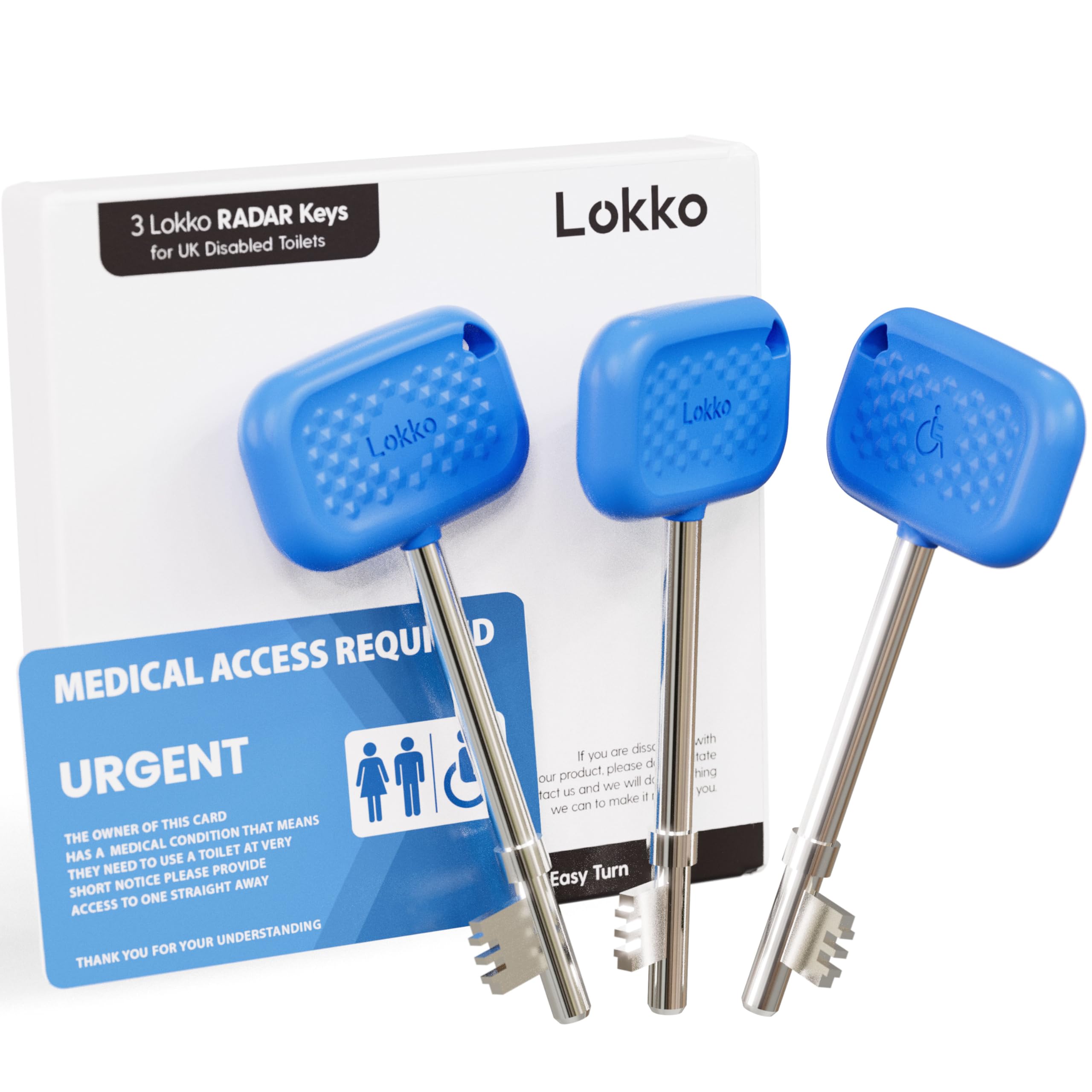 Lokko Radar Key for Disabled Toilets UK (3 Pack) - Boxed with Bonus Toilet Use Card - Blue - Dimpled Grip, Durable, Waterproof, Easy to Use