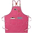 AFUN Chef Aprons for Men Women with Large Pockets, Cotton Canvas Cross Back Heavy Duty Adjustable Work Apron, Size M to XXL (Pink)