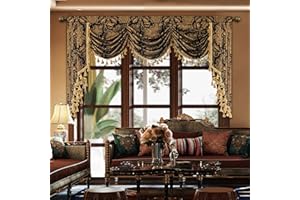 Loom and Mill Luxury Waterfall Valance for Living Room, Classic Damask Jacquard Swag Valances with Tassels, Black Swag Curtains for Bedroom Windows Banquet Halloween Decor, Rod Pocket(W79Inch,1 Panel)
