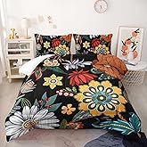 3 Pieces Colorful Floral Comforter Set,Bohemian Botanical Bedding Set Queen Size,Boho Farmhouse Flower Leaves Printed on Black Design,All Season Lightweight Soft Microfiber Bedding with 2 Pillow Shams
