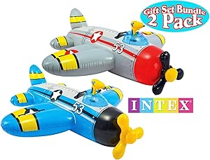 Intex Water Gun Squirter Fighter Plane Ride-On Pool Floats Red/Gray & Blue/Yellow Gift Set Bundle - 2 Pack