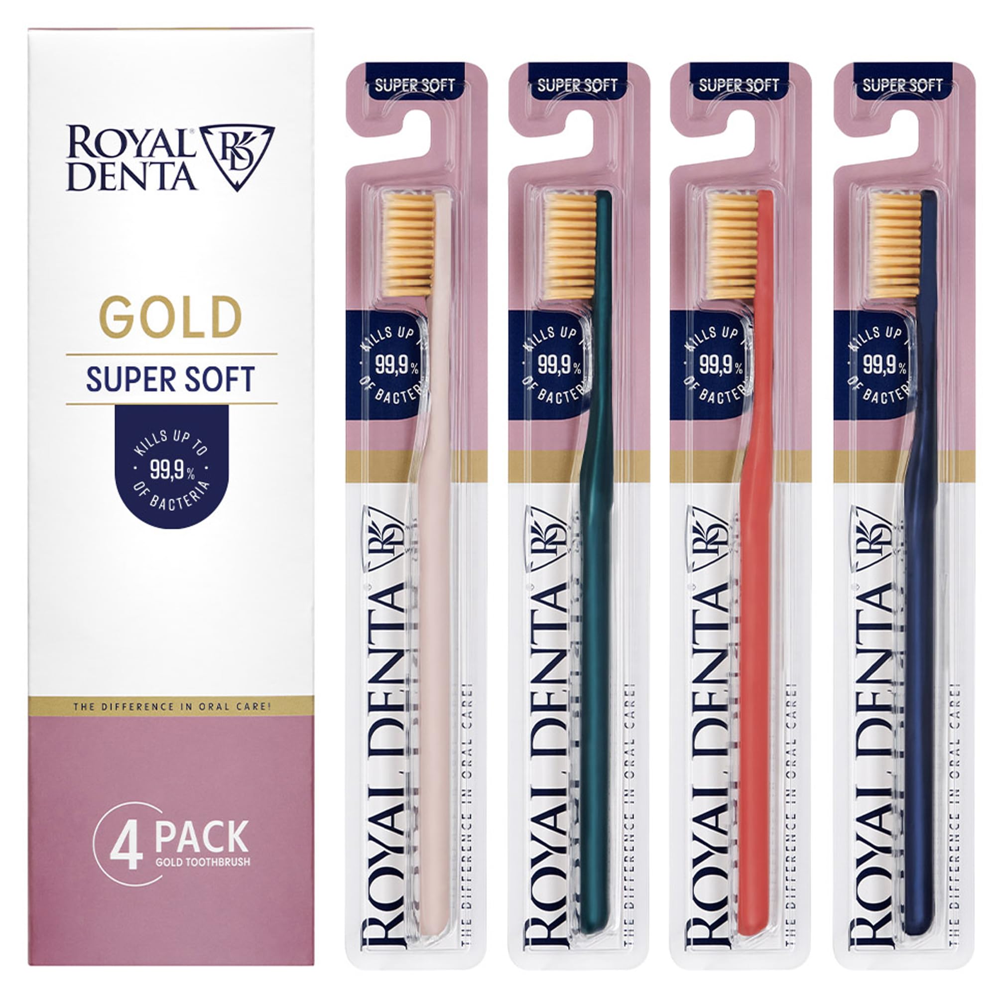 Royal Denta Toothbrushes Multipack for Adults, Long Bristle Toothbrush with Gold Infused Soft Bristles, Flossing Interdental Cleaning, Sensitive Teeth & Gums, Pack of 4 (Multi-Colour)