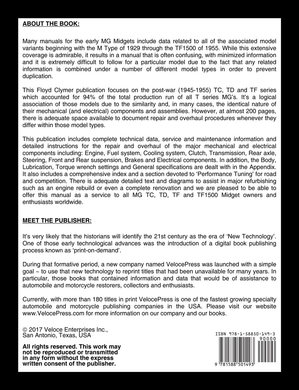 MG MIDGET TC-TD-TF-TF1500 WORKSHOP MANUAL: MG Car Co., Floyd Clymer,  VelocePress: 9781588501493: Amazon.com: Books