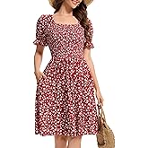 CVCPP Womens Summer Dress- Square Neck Puff Sleeve Smocked Ruffle Hem A-line Mini Short Dresses