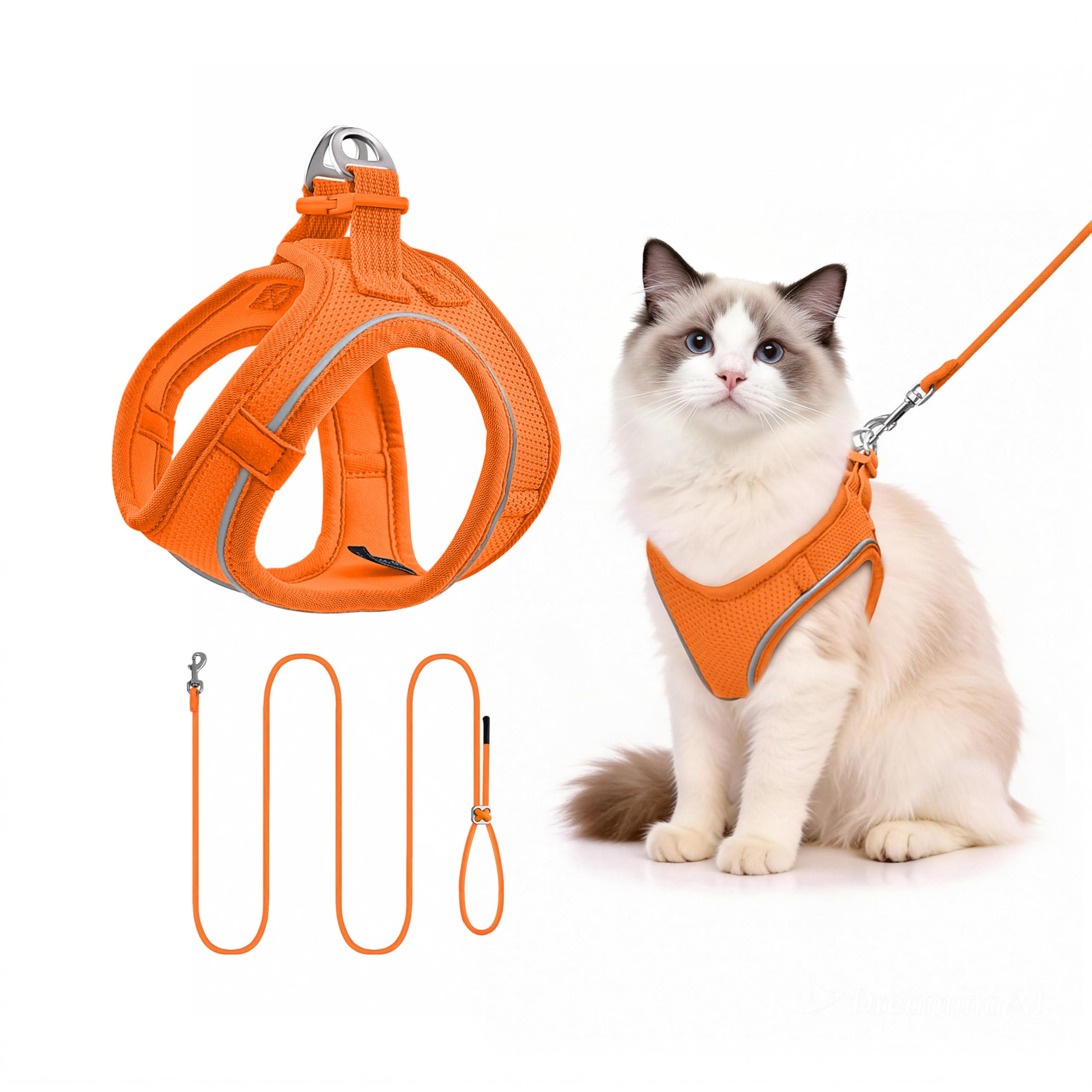 Qianruida Harness and Leash for Cat or Puppy - Adjustable Set in Soft Nylon, Secure Comfort for Walking, Training, Outdoor, Small Animals, Easy to Put On and Take Off, Orange, S