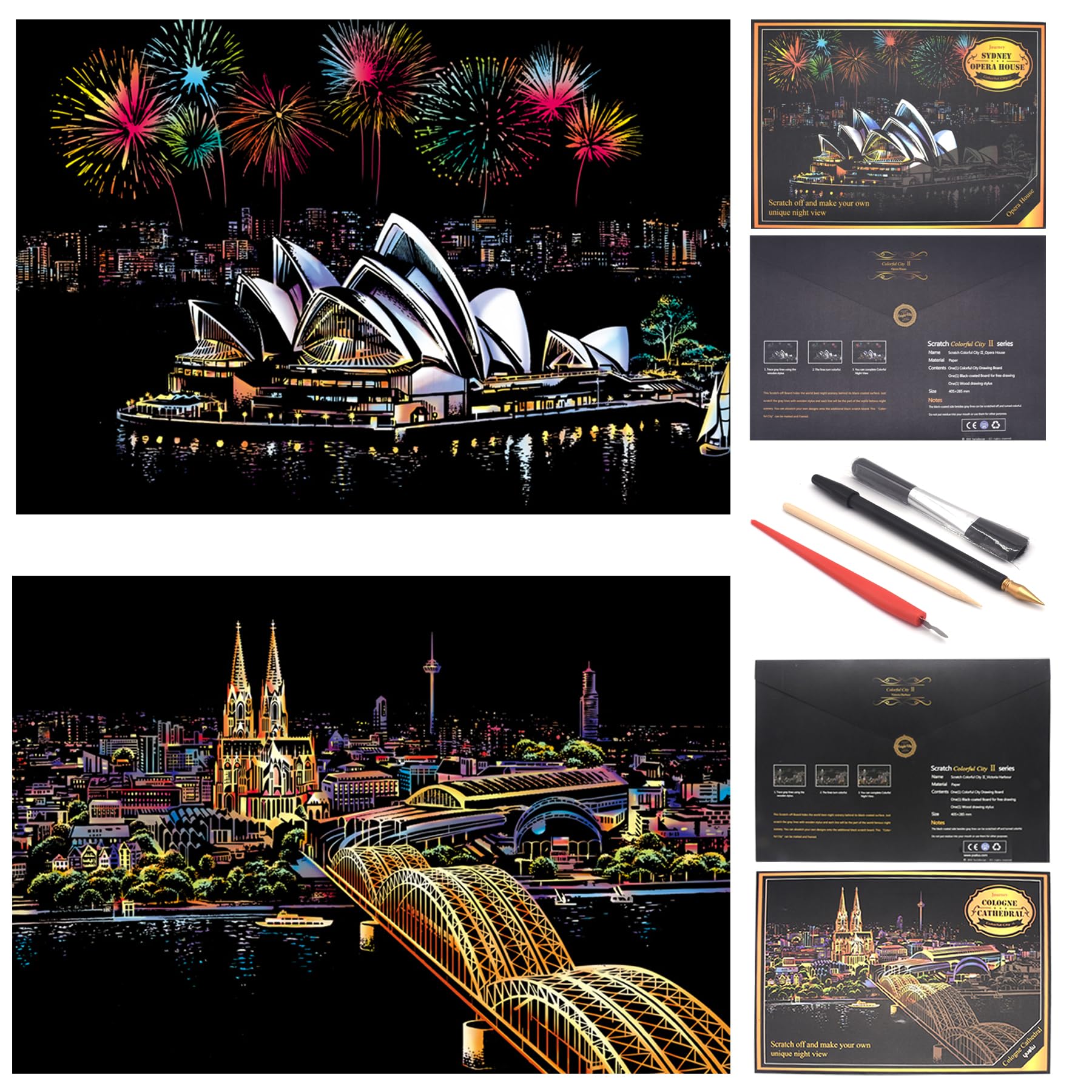 SiYear Scratch Paper Rainbow Painting Sketch, City Series Night Scene,Scratch Painting Creative Gift,Scratchboard for Adult and Kids with 4 Tools(Sydney + Cologne Cathedral) — image 1