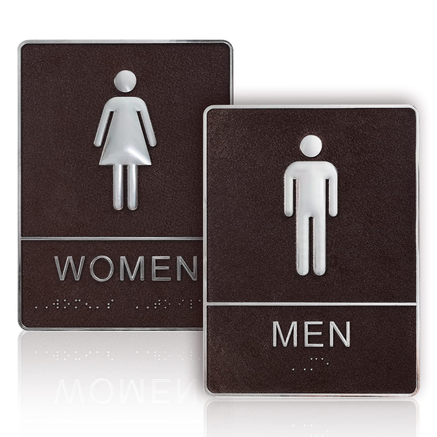 Men and Women Restroom Sign with Braille, 2pcs Toilet Sign for Business Bathroom Signs with Double Sided Tape for Business Company Home Hotel Shopping Mall (Brown)
