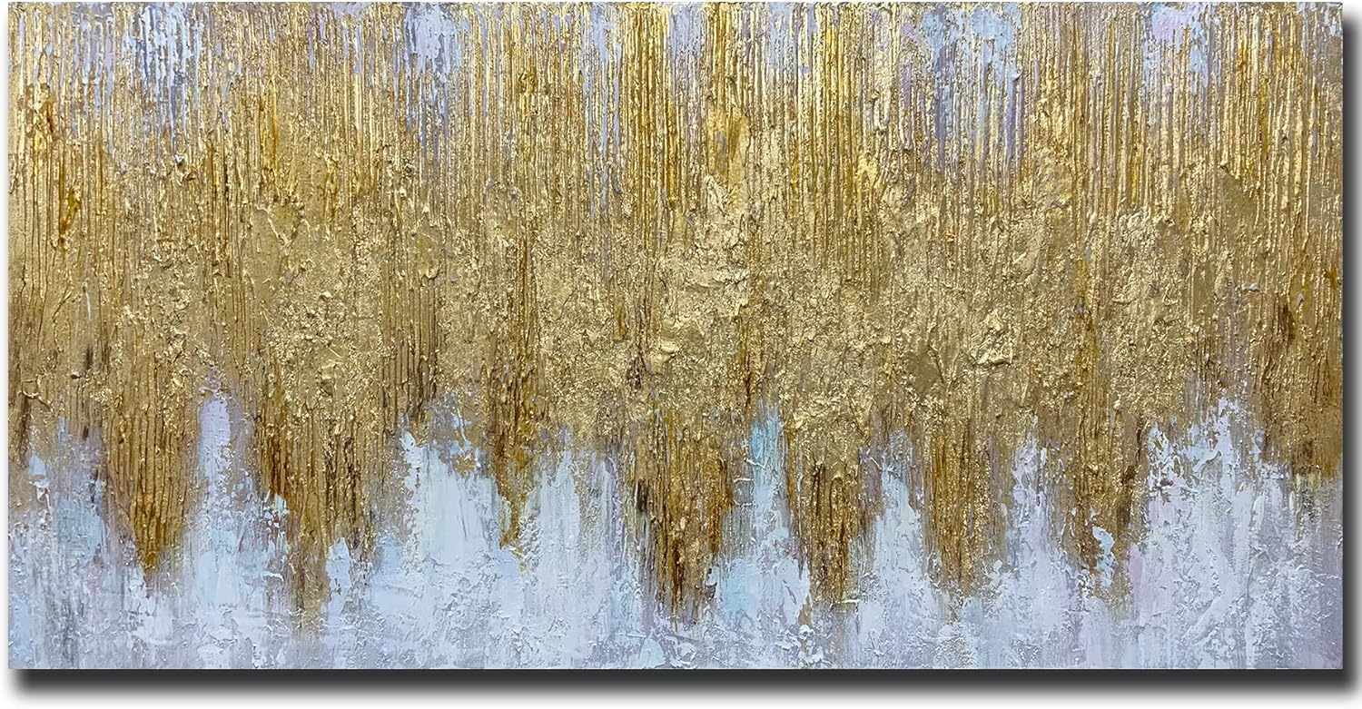 Paintings - Tiancheng Art 24x48 inch 100% Hand-Painted Oil Painting golden Wall Art Pieces Framed Canvas Paintings Contemporary Artwork Ready to Hang for Home Decoration Kitchen Office Wall Decor