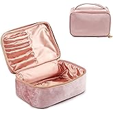 KOPY Velvet Makeup Bag for Women, Large and Classy Makeup Organizer, Make Up Travel Toiletry Bag Portable With Handle (Pink)