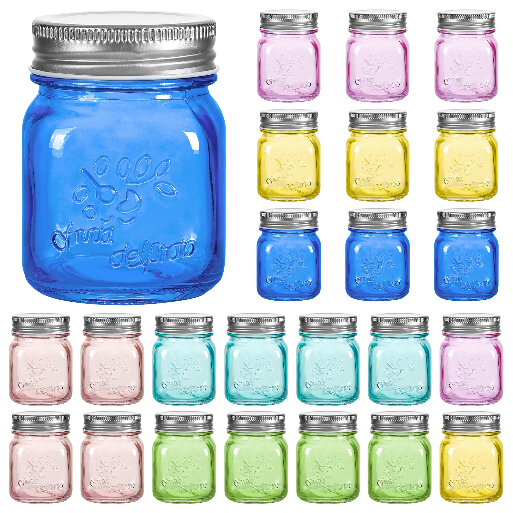 Photo 1 of Amzcku Mini Colored Mason Jars 5 oz with Metal Lids - Glass jar for Jam, Honey, Candle, Canning, Wedding Favors, Shower Favors, Food Storage, Jelly, DIY Spice Jars, 24 Pack…