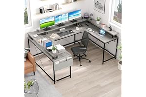 U Shaped Gaming Desk with LED Strip, Reversible l Shaped Computer Desk, Large Corner Desk with Storage Shelves, Monitor Stand