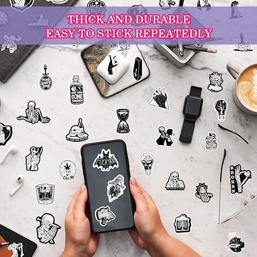 Goth & Horror Stickers Pack - 50 PCS Black & White Decals For Water Bottles & Laptops