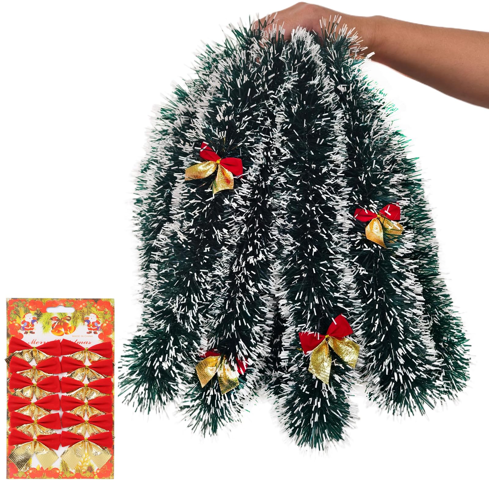 AMLOOPH Green Tinsel, 10m Thick Green Tinsel Garland For Christmas Tree Decorations, Chunky Christmas Garland With White-Edged and 12 Red Bows For Stairs Ceiling Door Home Decoration