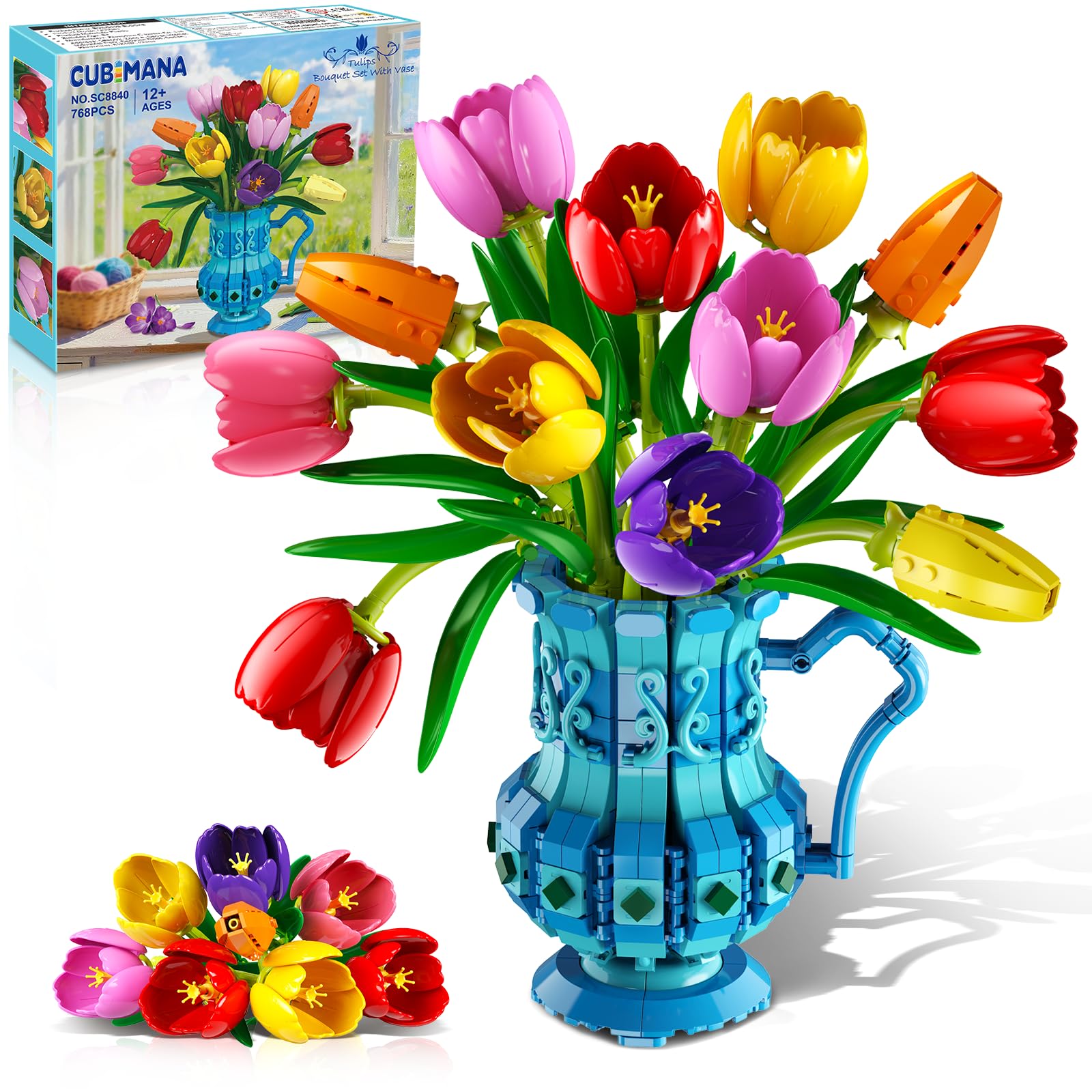 CUBIMANA Blumenstrauß Bausatz mit Vase, 768 Teile Tulpen Blumen Set für Erwachsene, Künstliche Botanicals Bonsai Bausteine für Home Deko, Valentinstag Geburtstag Geschenk für Frauen Mutter Mädchen 12+