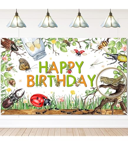 Bugs & Insects Birthday Party Banner - Large 180x110cm Black Green Backdrop For Kids Theme Decor