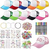 Skicuff 112 Pcs DIY Trucker Hat Decorating Kit, 10 Blank Baseball Caps with Stickers Patches Chains Chenille Letters Beads Pens(Classic)
