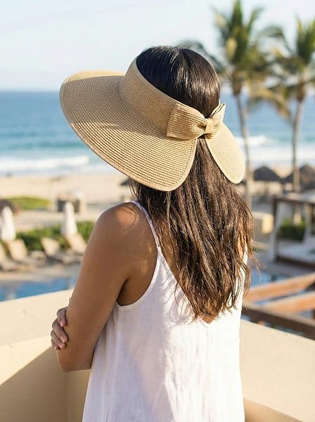 ALTURAGO SUN VISOR HAT FOR WOMEN WIDE BRIM PONYTAIL STRAW HAT UV UPF SUMMER BEACH VACATION PACKABLE FOLDABLE TRAVEL (US, ALPHA, ONE SIZE, KHAKI)