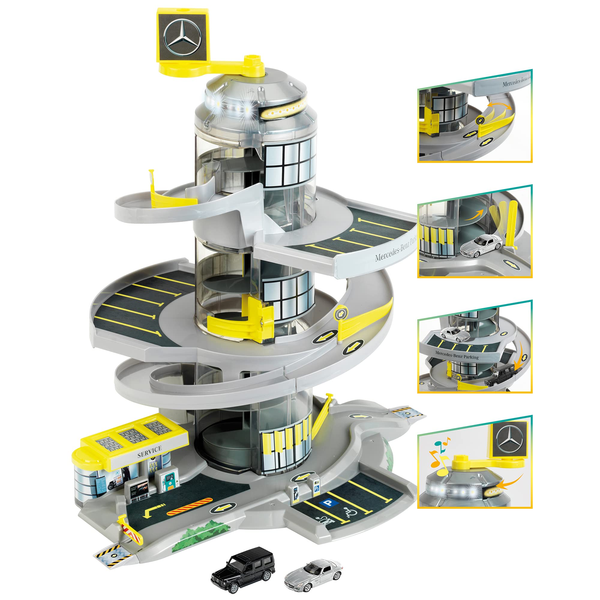 Mercedes-Benz: Electric Car Park - Theo Klein, Electronic Parking Garage with Helix Elevator, Light & Sound, Includes 2 Toy Cars, Departure Ramp with Switches, Officially Licensed, Ages 3+