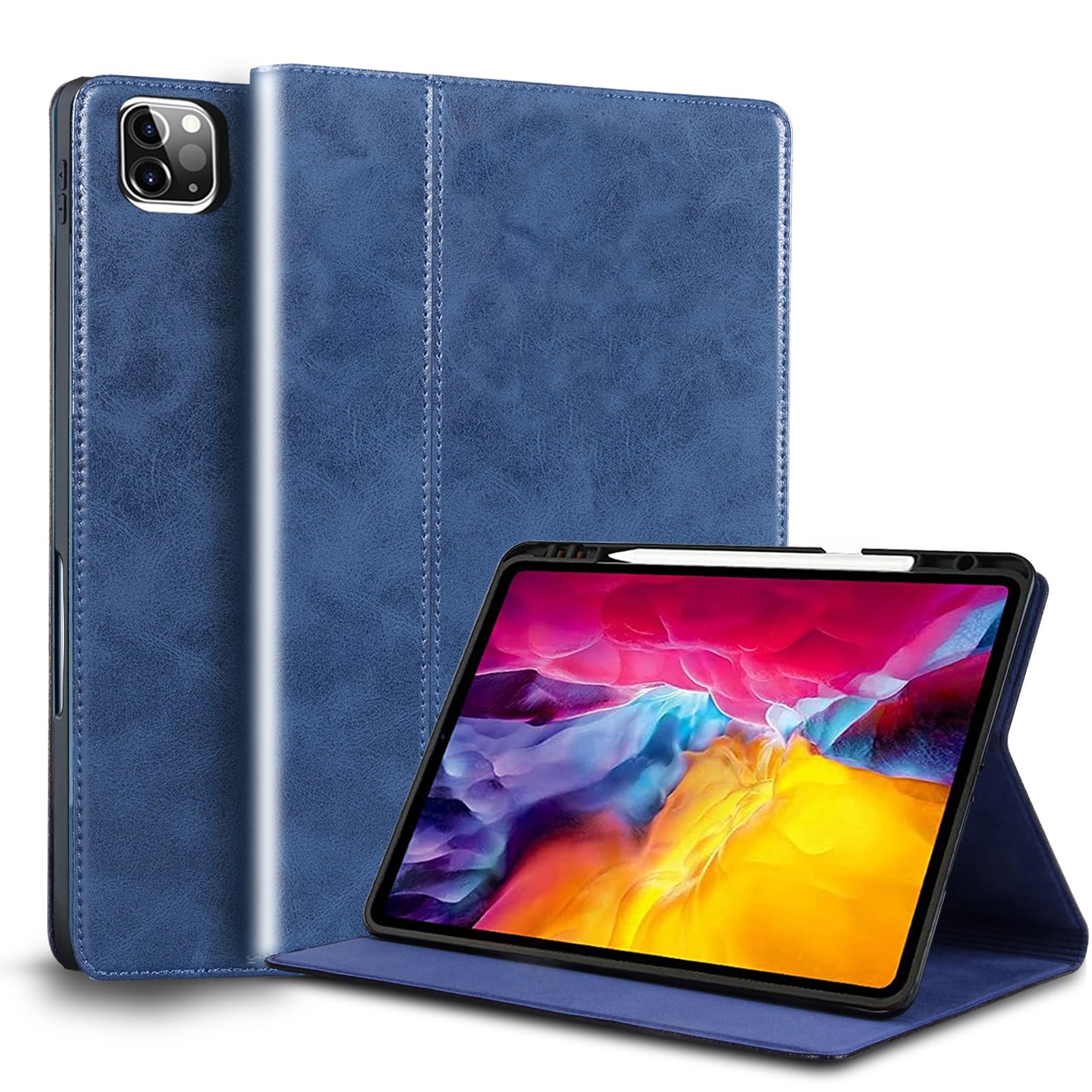 Gexmil for iPad Pro 11 Inch Case 2022/2021/2020/2018(4th/3rd/2nd/1st Generation) with Pencil Holder,Auto Wake/Sleep,Genuine Leather Case with Stand,Oil Wax Blue