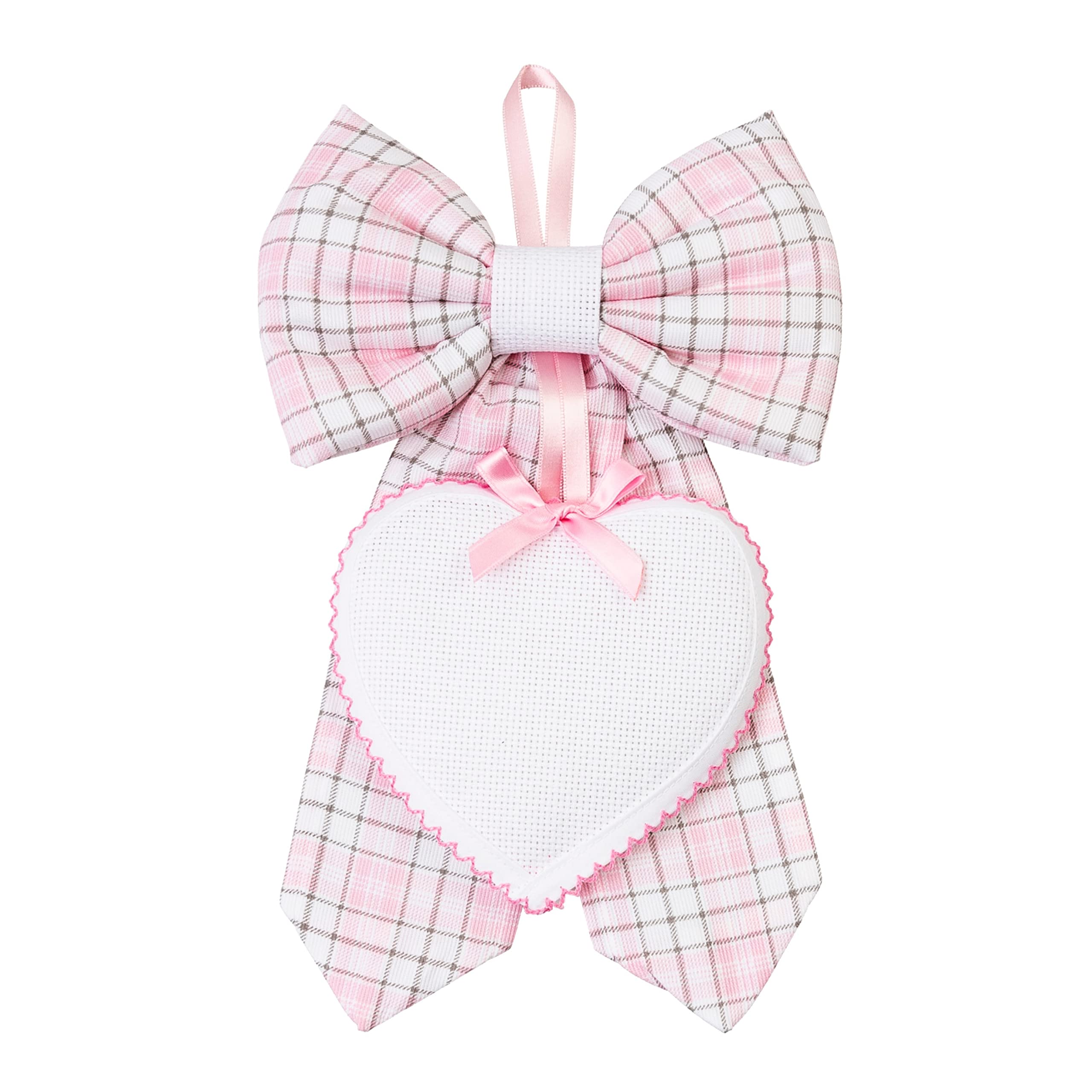 FILET - Birth Ribbon with Heart-Shaped Pendant in Aida Canvas 55 Holes to Embroider, Made of Cotton, Ideal to Hang to Announce The Birth of a Baby Girl, 100% Made in Italy, Pink Colour