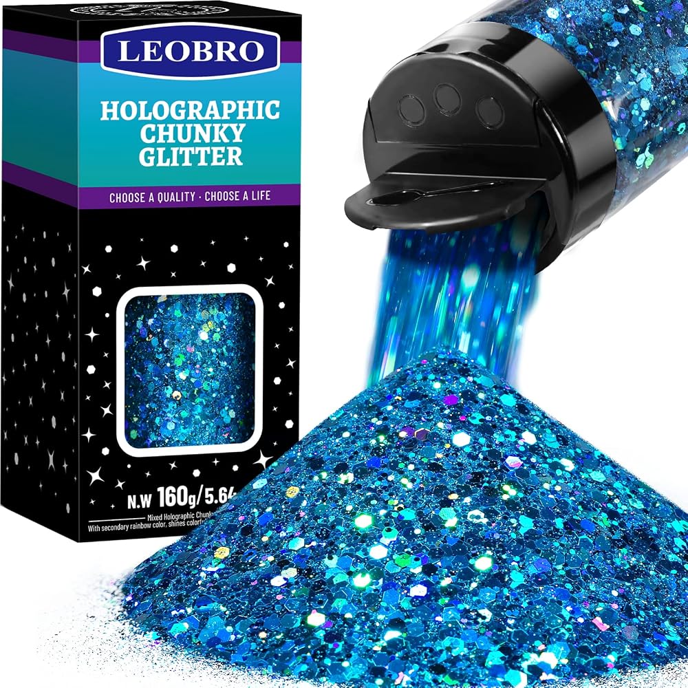 LEOBRO Holographic Ocean Blue Glitter 160G Chunky Resin Nail Cosmetic
