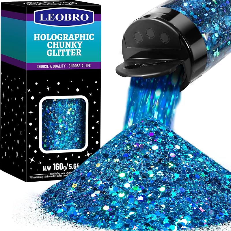LEOBRO Holographic Ocean Blue Glitter 160G Chunky Resin Nail Cosmetic