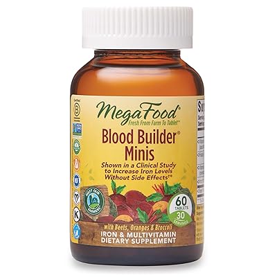 MegaFood, Blood Builder Minis, Daily Iron Supplement and Multivitamin, Supports Energy and Red Blood Cell Production Without Nausea or Constipation, Gluten-Free, Vegan, 60 Tablets (30 Servings)