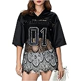 MakeMeChic Lace Jersey Shirts for Women V Neck Letter Graphic Tee Oversized Sheer Tops