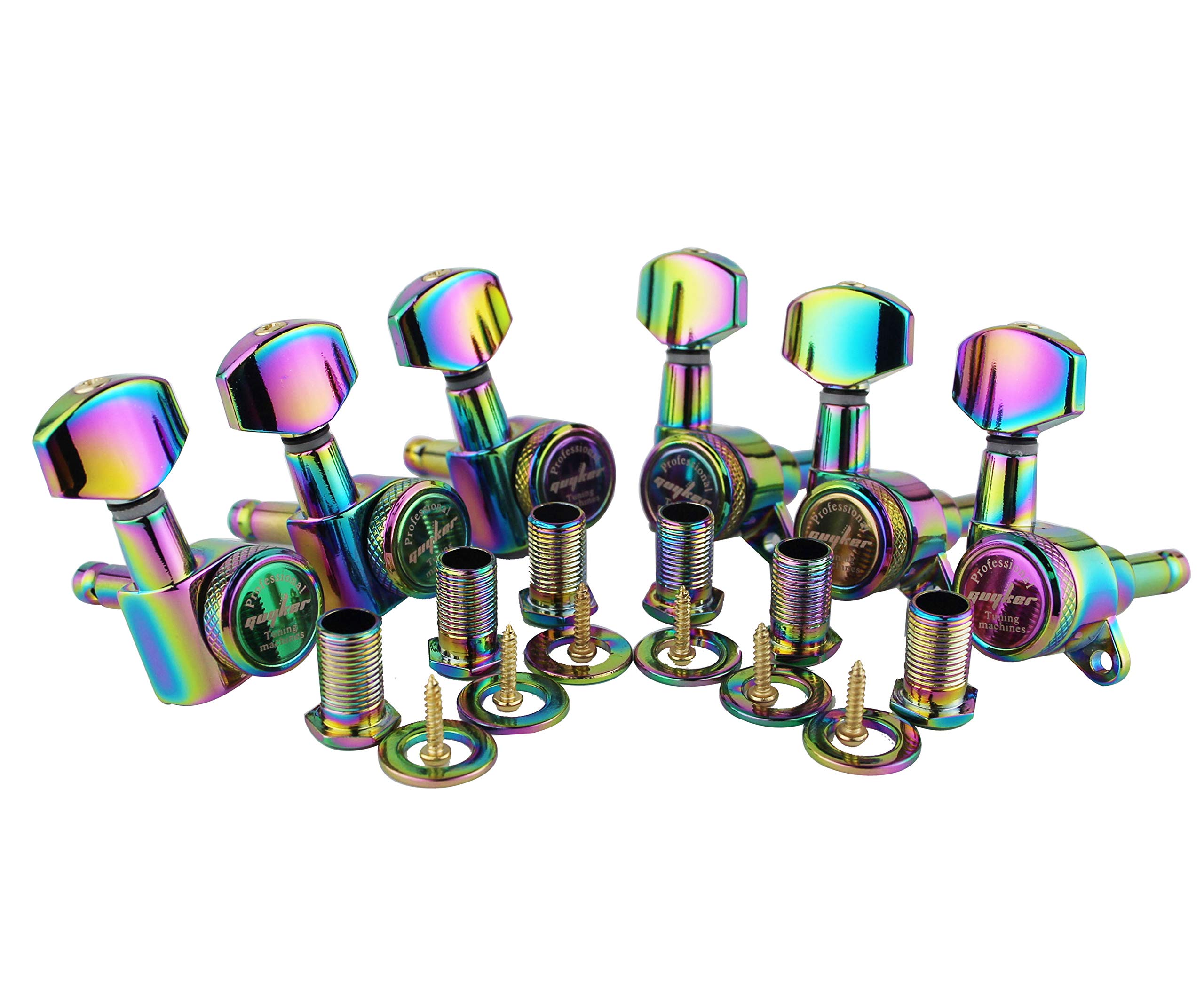 Photo 1 of Guyker Guitar Locking Tuners (6 for Right) - 1:18 Lock String Tuning Key Pegs Machine Head Replacement for ST TL SG LP Style Electric, Folk or Acoustic Guitars - Chameleon Rainbow