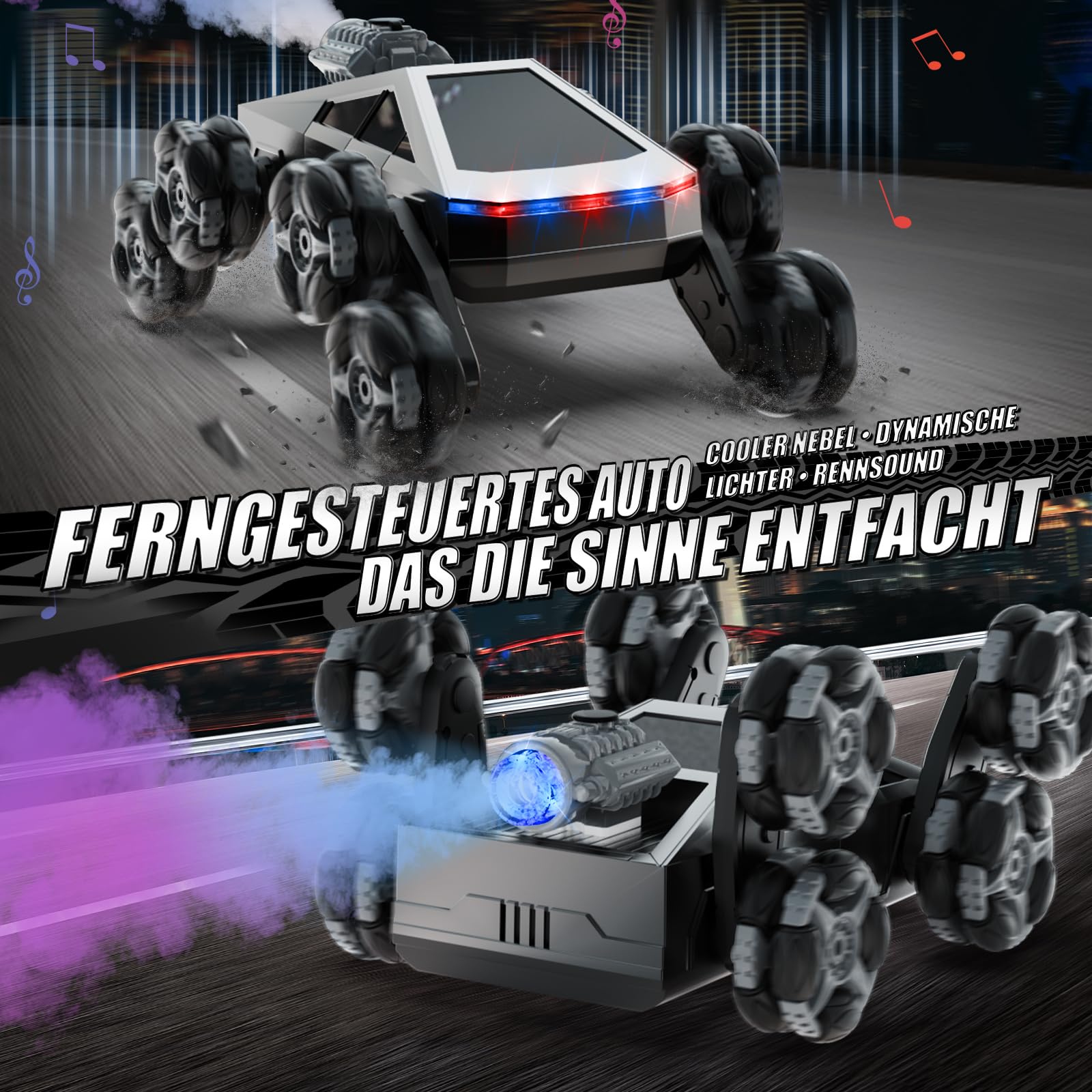 Ferngesteuertes Auto 8 Rad RC Stunt Car, 8WD RC Car, mit Handsteuerung & Fernbedienung, LED Licht Musik Sprühnebel, RC Car für Kinder 5 6 7 8 9 10 11 Jahre, geburtstagsgeschenk für Jungen und Mädchen 4