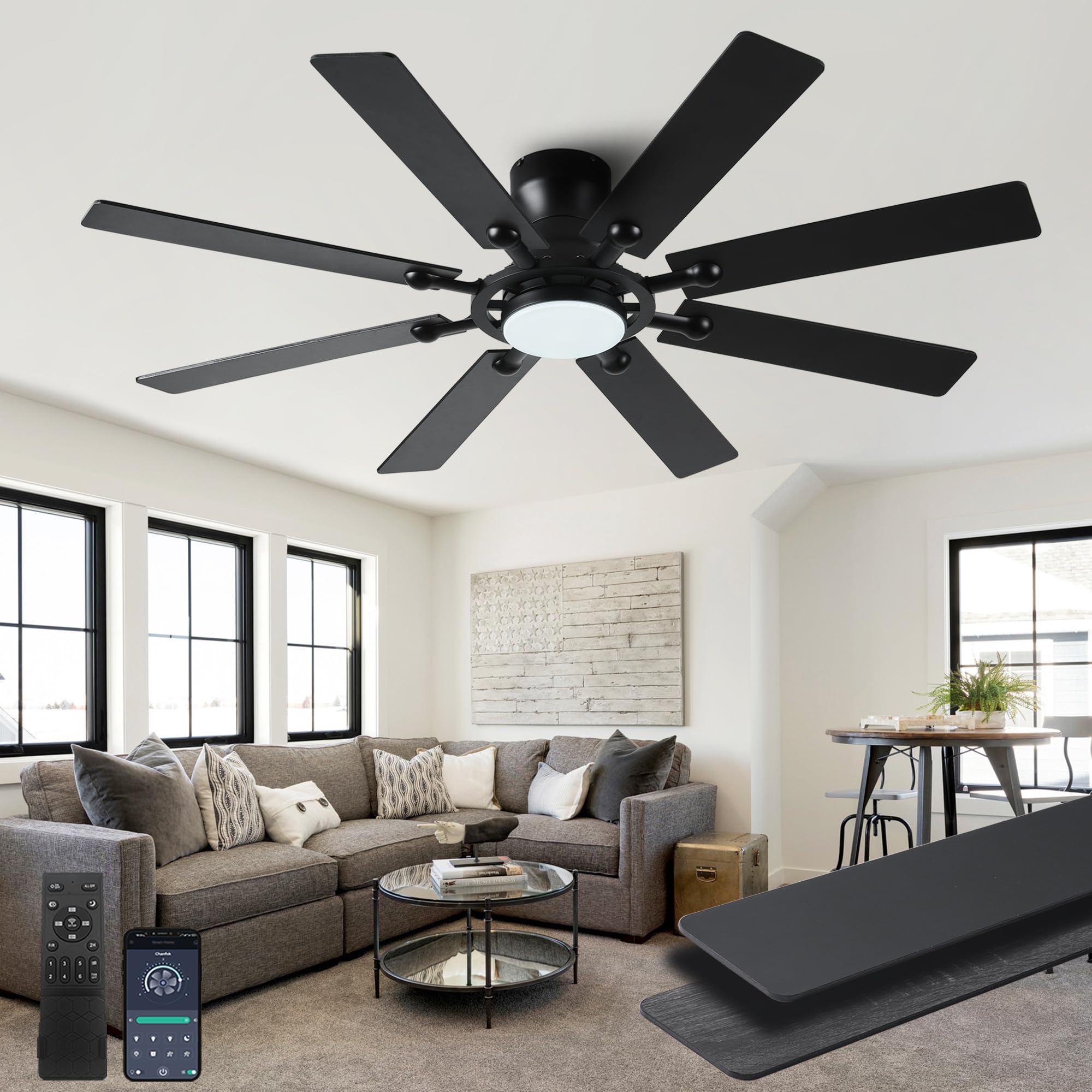 Photo 1 of lspmke Ceiling Fans with Lights, 54 inch Low Profile Ceiling Fan with Light and Remote Control, Flush Mount Ceiling Fan for Bedroom, Living Room, Reversible, 3CCT, Dimmable, Noiseless DC Motor, Black