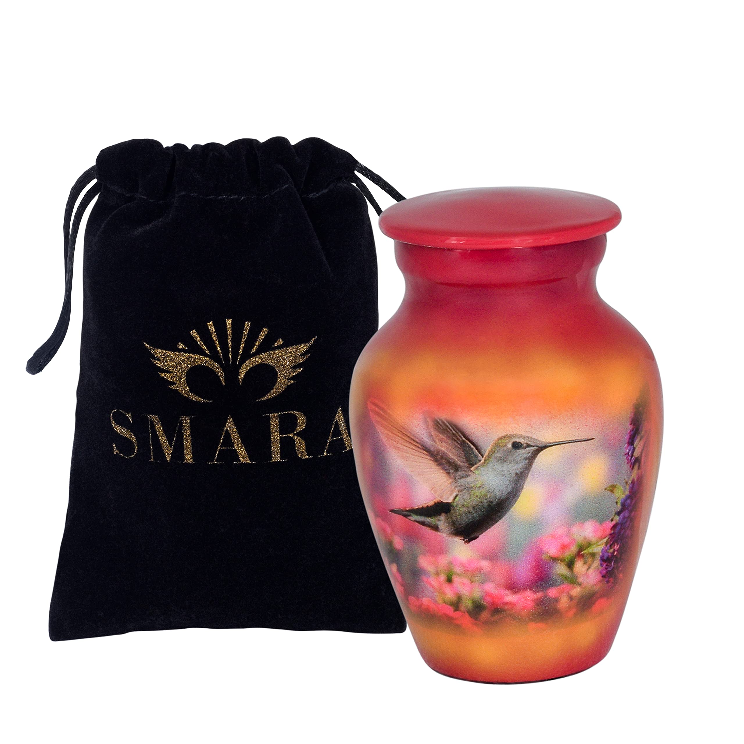 SMARA Small Keepsake Cremation Urn with Velvet Case | Choose From Unique Colors | lovely Sharing Mini Metal Token For Human Ashes or Pet. (Keepsake, Hummingbird (Red))